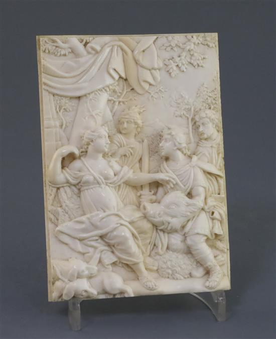 An 18th century Continental relief carved ivory plaque, 4.75in. height 6.75in., unframed